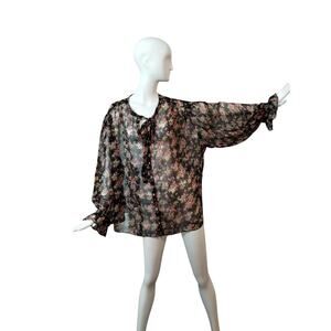 Mango MNG Women's size 3X Sheer Floral Bow Tie Puff Ruffle Sleeve Carol Blouse